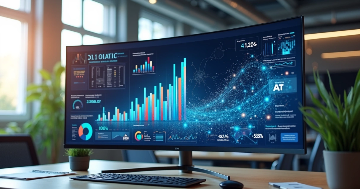 Interface digital mostrando a integração entre IA e sistema ERP com gráficos, dados e automações empresariais 