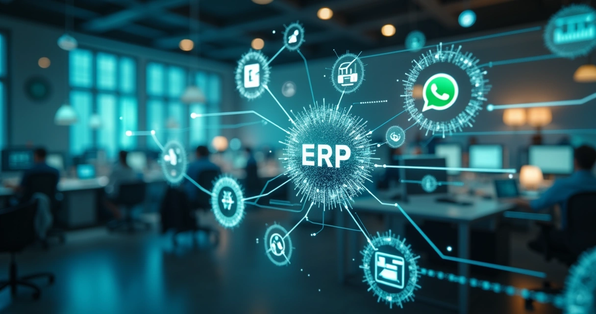 Dashboard ilustrando integração entre ERP, CRM e WhatsApp com inteligência artificial 