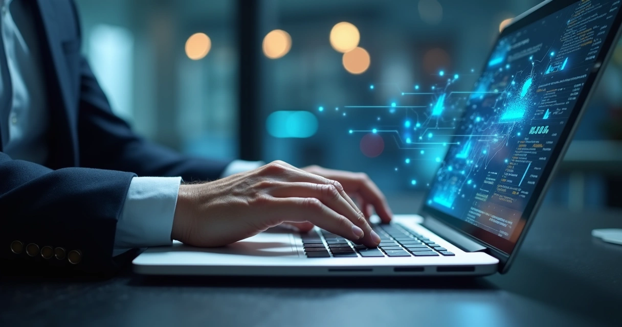 Imagens sobrepostas de um profissional ajustando texto em notebook e gráficos digitais ilustrando integração humano-IA 