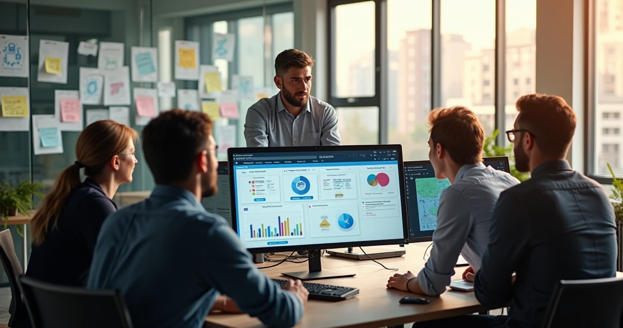 Equipe de tecnologia validando integração de IA com sistemas imobiliários em monitores 