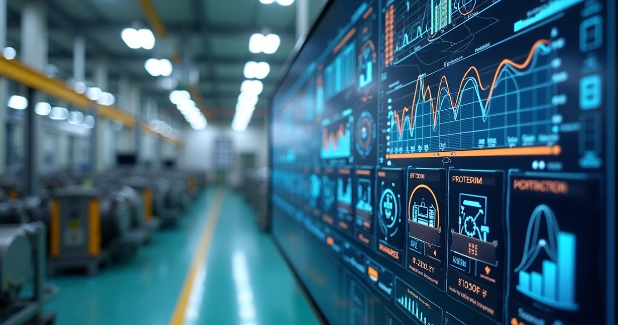 Painel digital de integração entre sistemas industriais mostrando fluxos conectados e gráficos de desempenho 