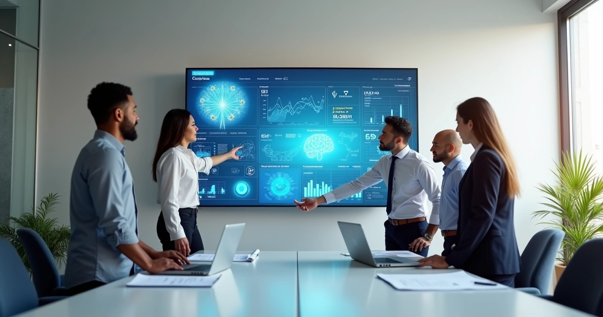 Gestores analisando painel de treinamento com ícones de IA e LMS 