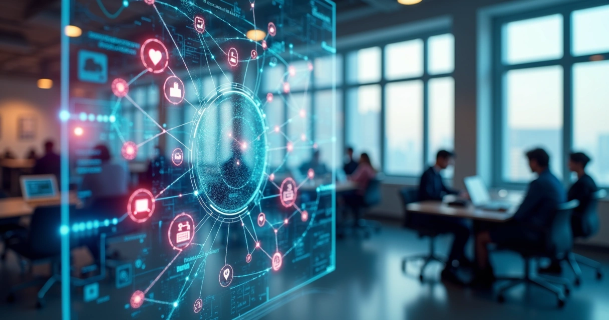 Interface digital com fluxo de dados conectando sistemas empresariais e modelos de IA em ambiente corporativo 