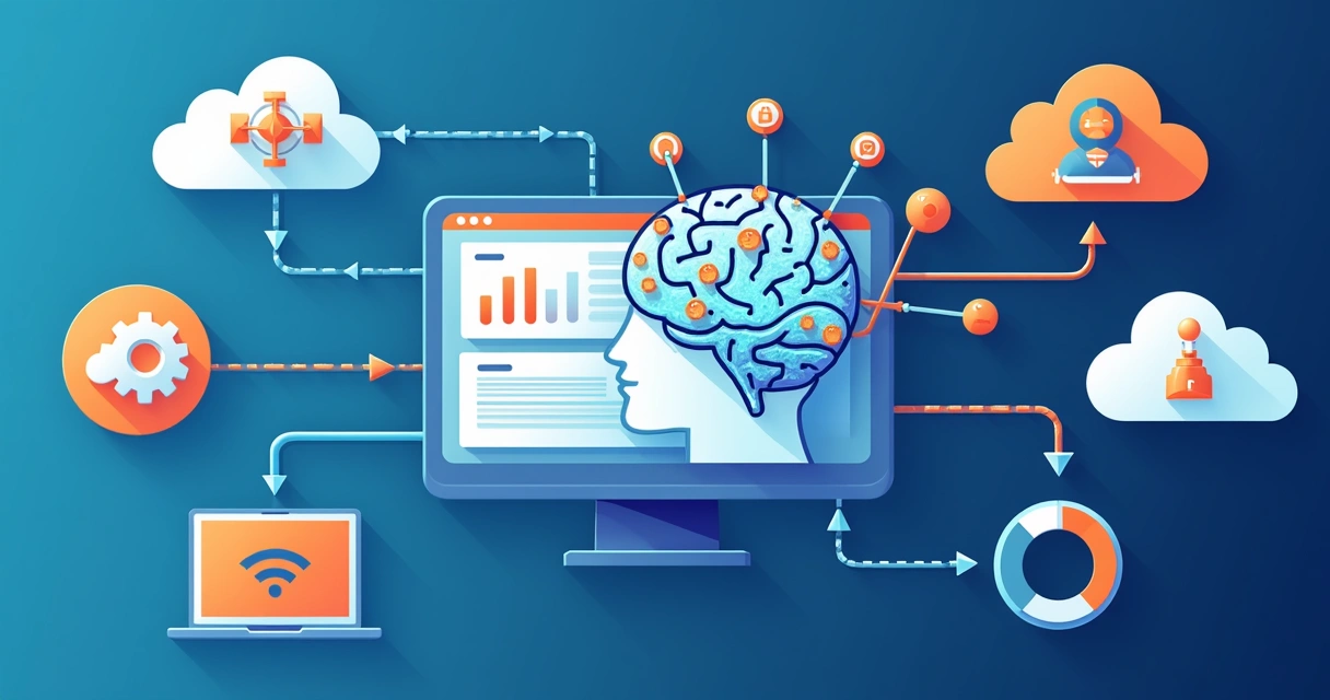 Fluxo digital conectando sistemas, IA e API no painel de controle 