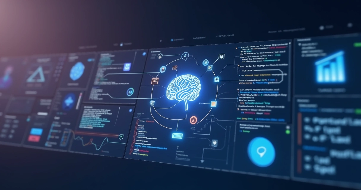 Fluxo de integração entre IA, no-code e código colaborativo em um dashboard digital. 