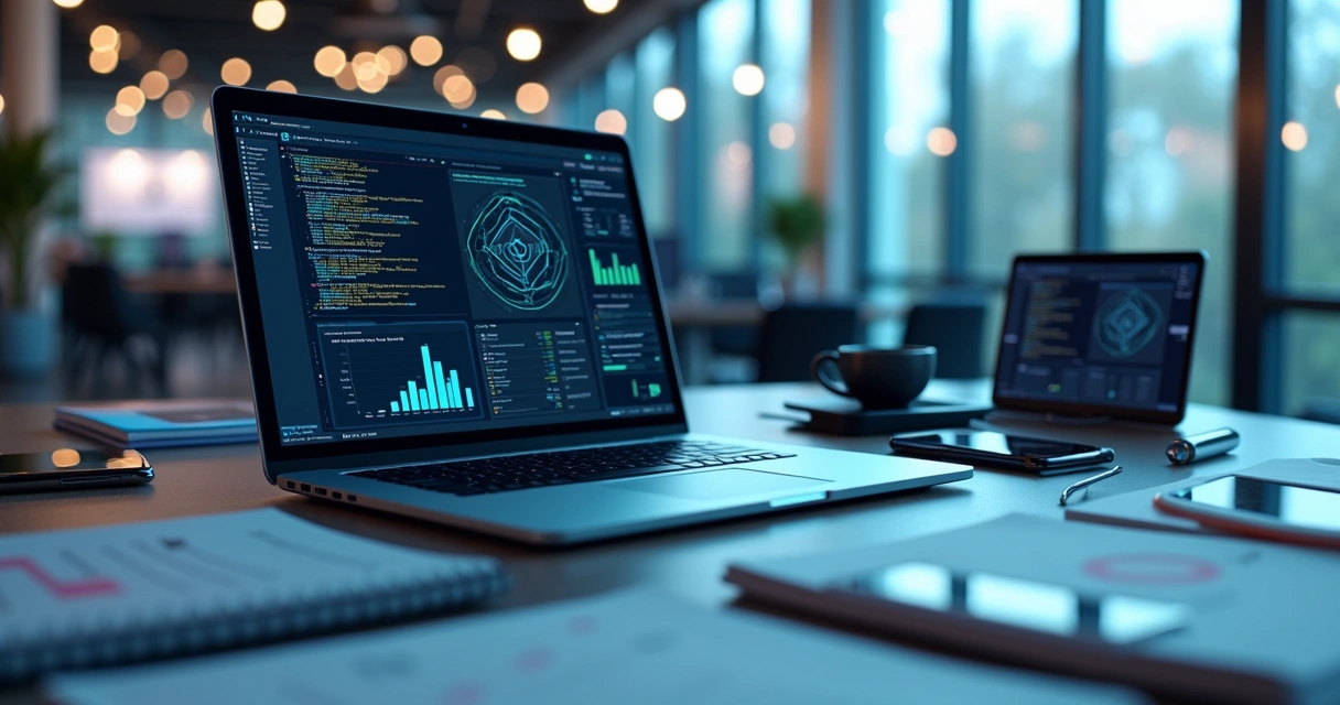 Mesa de trabalho com laptop mostrando tela de código e gráficos de IA, cercada por dispositivos e anotações tecnológicas 