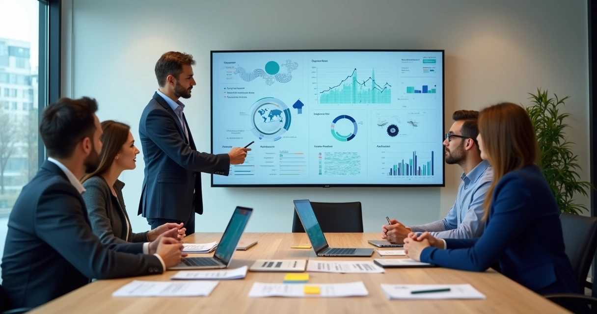 Equipe de PME reunida em mesa de reunião observando painel digital com gráficos e ícones de IA 