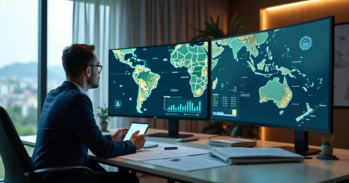 Consultor ambiental analisando dados de IA integrados a mapas e gráficos ambientais 