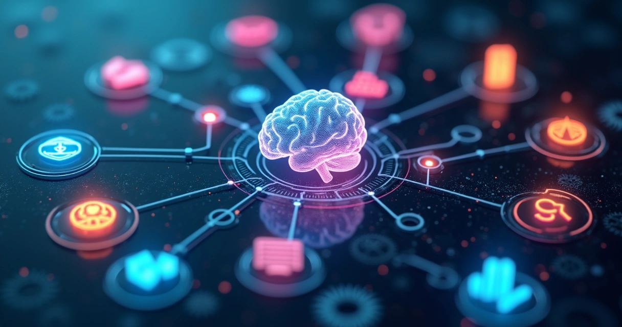 Painel digital mostrando integração automática de sistemas com linhas conectando diferentes ícones 
