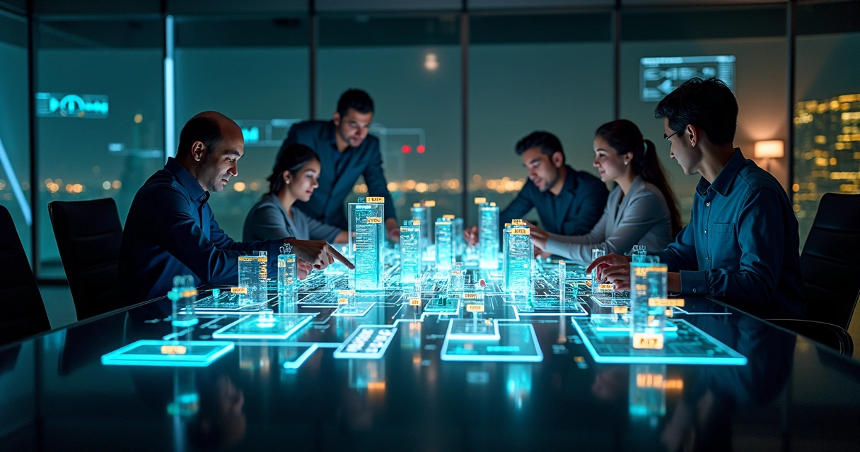 Time reunido em volta de maquete de sistemas conectados por inteligência artificial 