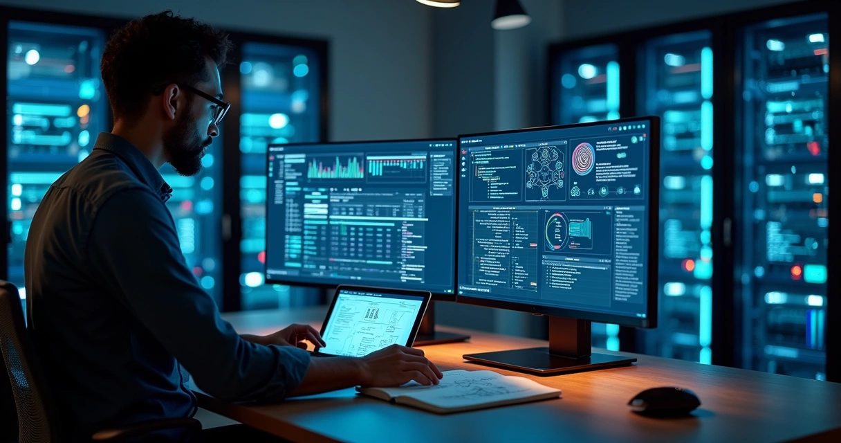 Profissional observando painel com sistemas integrados por IA 
