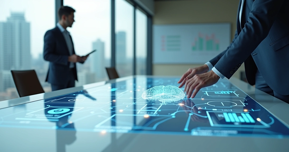 Diagrama físico de consultor conectando aplicativos de negócios com inteligência artificial 