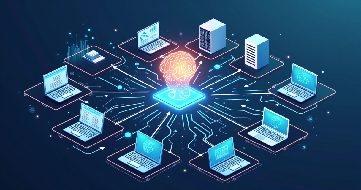 Diagrama simplificado com sistemas antigos de uma empresa conectados a inteligência artificial 