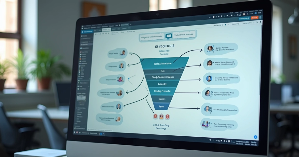 Fluxo integrando leads inbound e outbound em tela de computador 