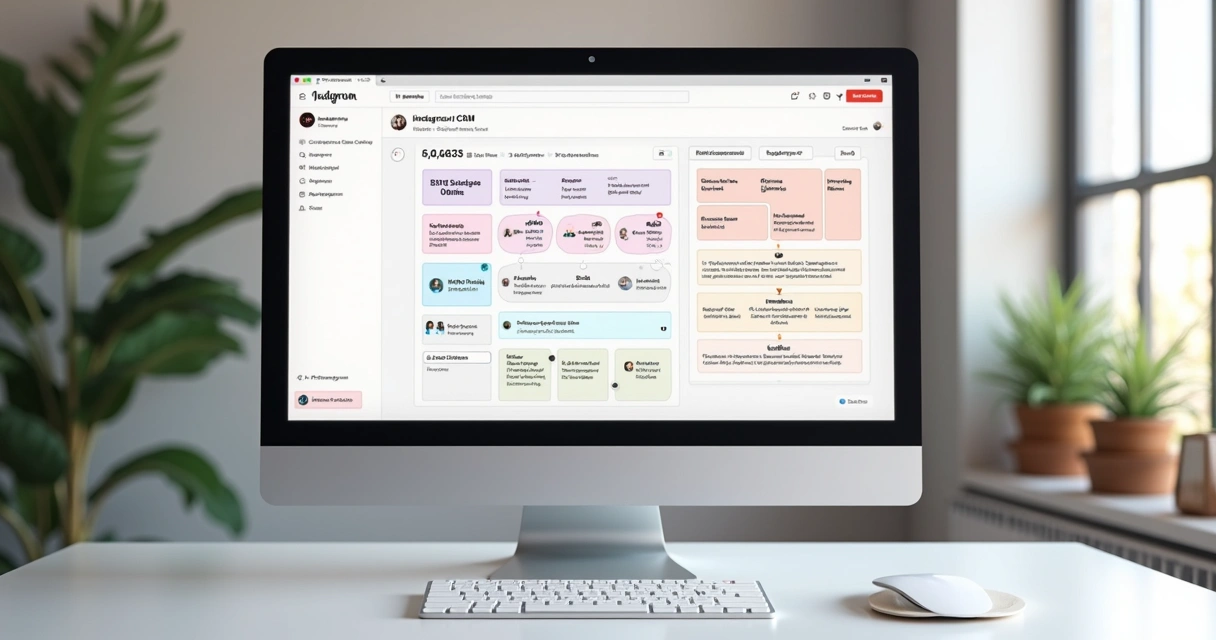 Integração CRM do Instagram com loja virtual, fluxo visual em tela de computador. 
