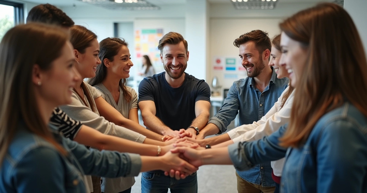Colaboradores em roda de integração institucional com mãos unidas ao centro 