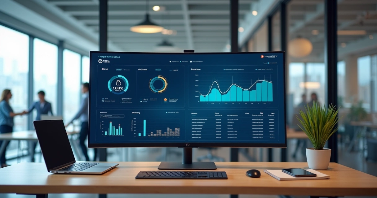 Tela com dashboards conectando Integrai e Conta Azul em ambiente de escritório moderno 