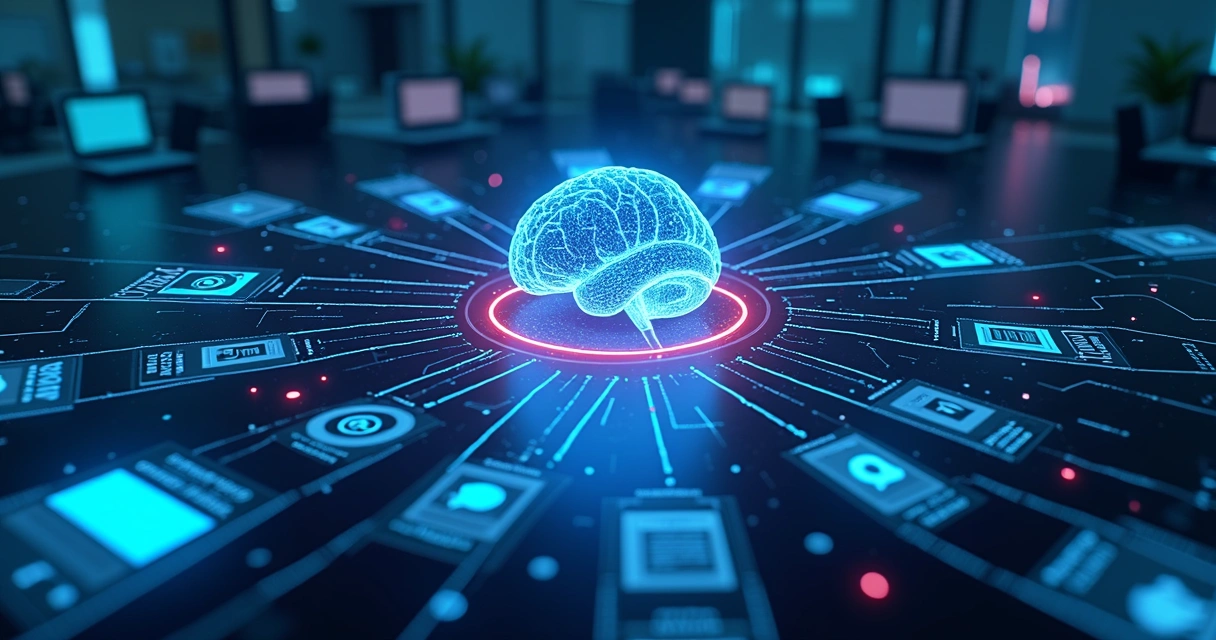 Diagrama de sistemas corporativos sendo integrados por inteligência artificial 