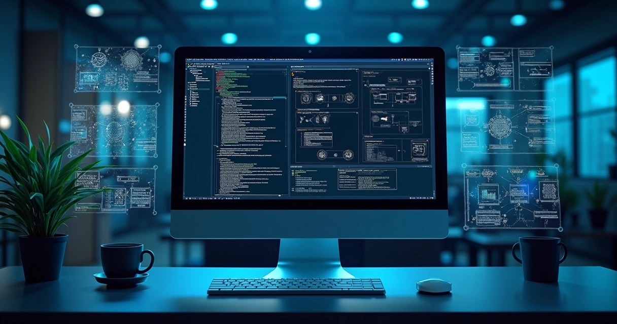 Computador exibindo código complexo com sobreposição de gráficos digitais representando inteligência artificial integrando sistemas legados