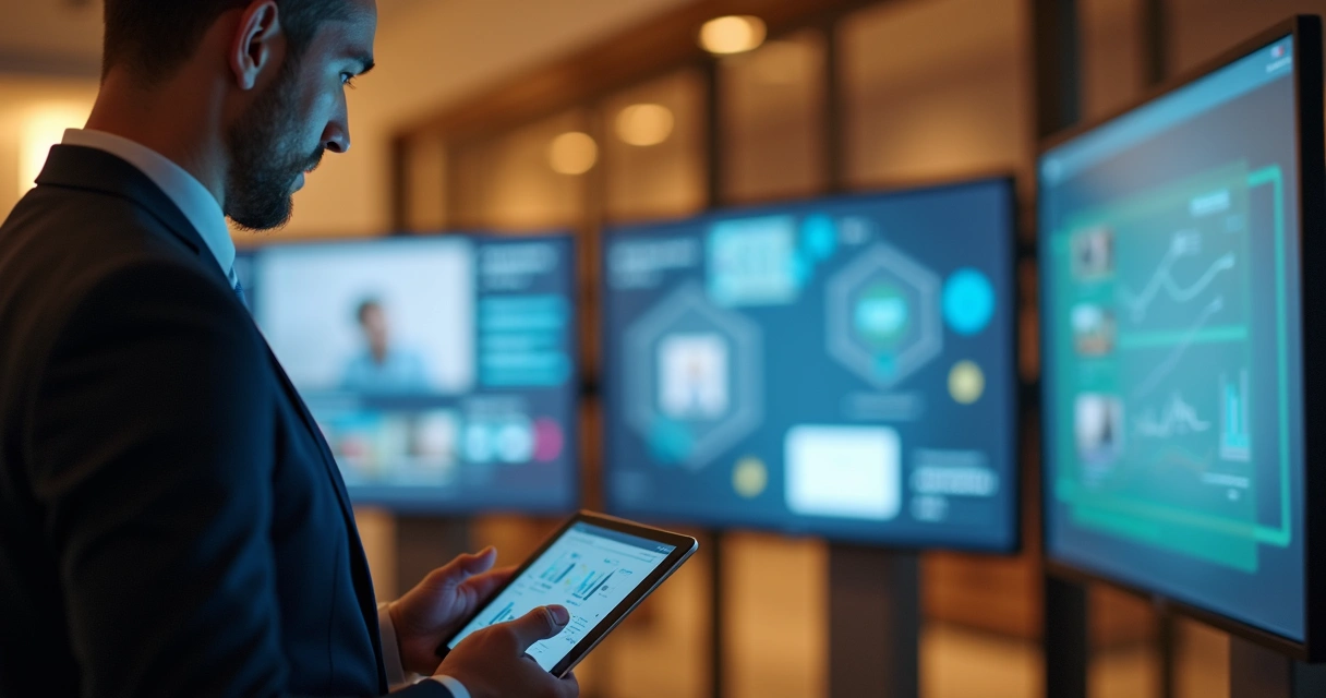 Síndico usando tablet conectado a telas de diferentes sistemas condominiais 