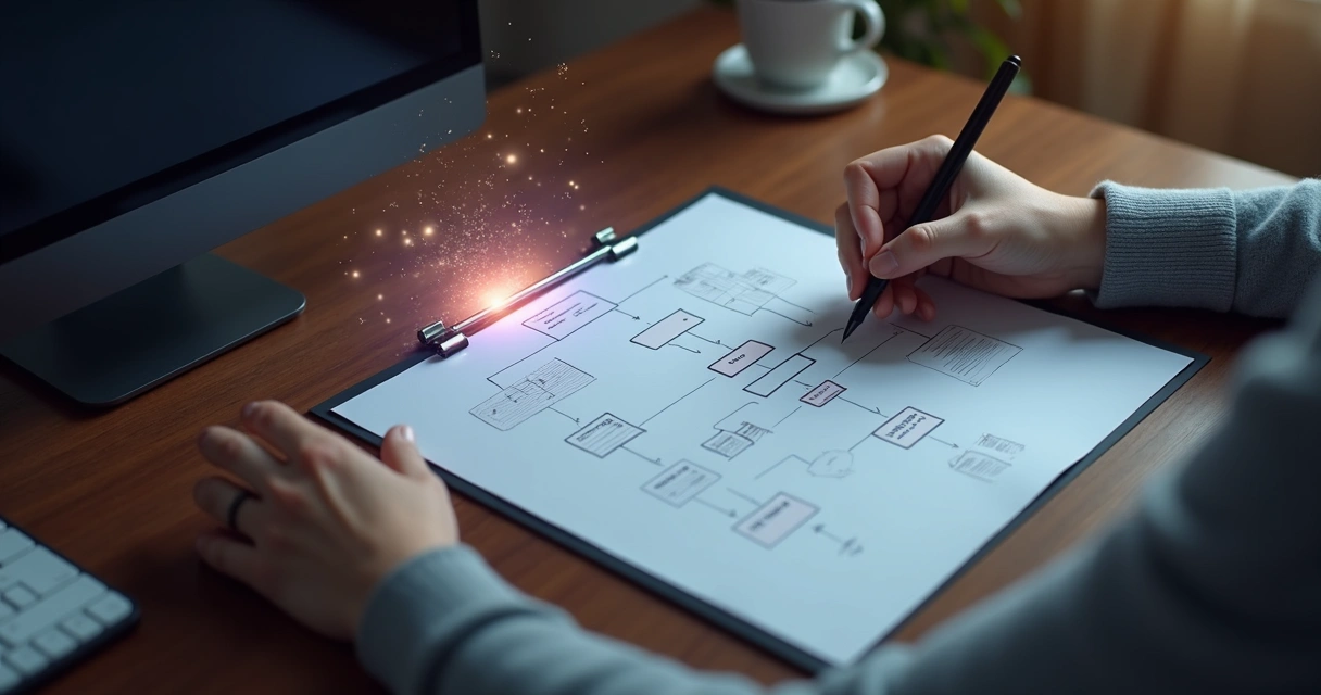 Mão humana tocando luz suave enquanto outra desenha esquema lógico em mesa escura 