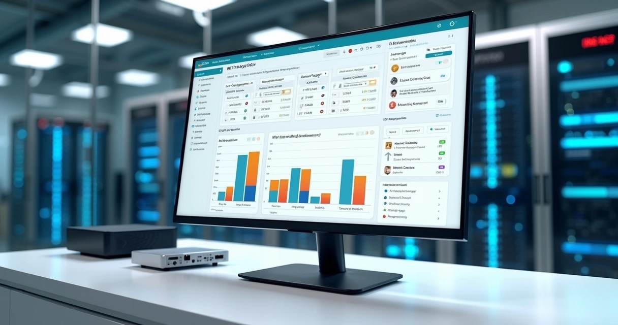 Tela com dashboard de ERP integrada a sensores IoT em ambiente corporativo 