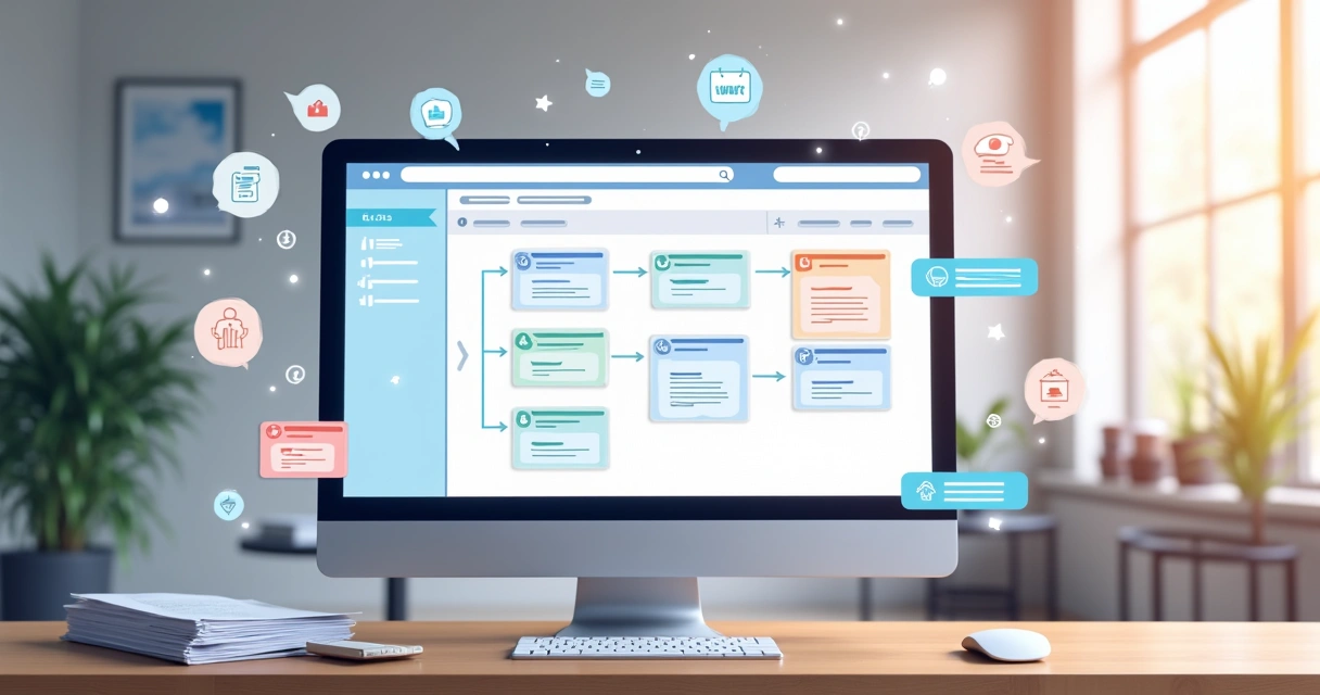 Tela de quadro Kanban digital integrada a diversas plataformas e aplicativos de trabalho.