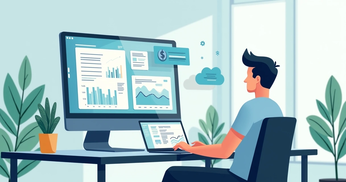 Ilustração de desenvolvedor conectando um laptop ao painel de controle SaaS, com ícones de código e gráficos de vendas