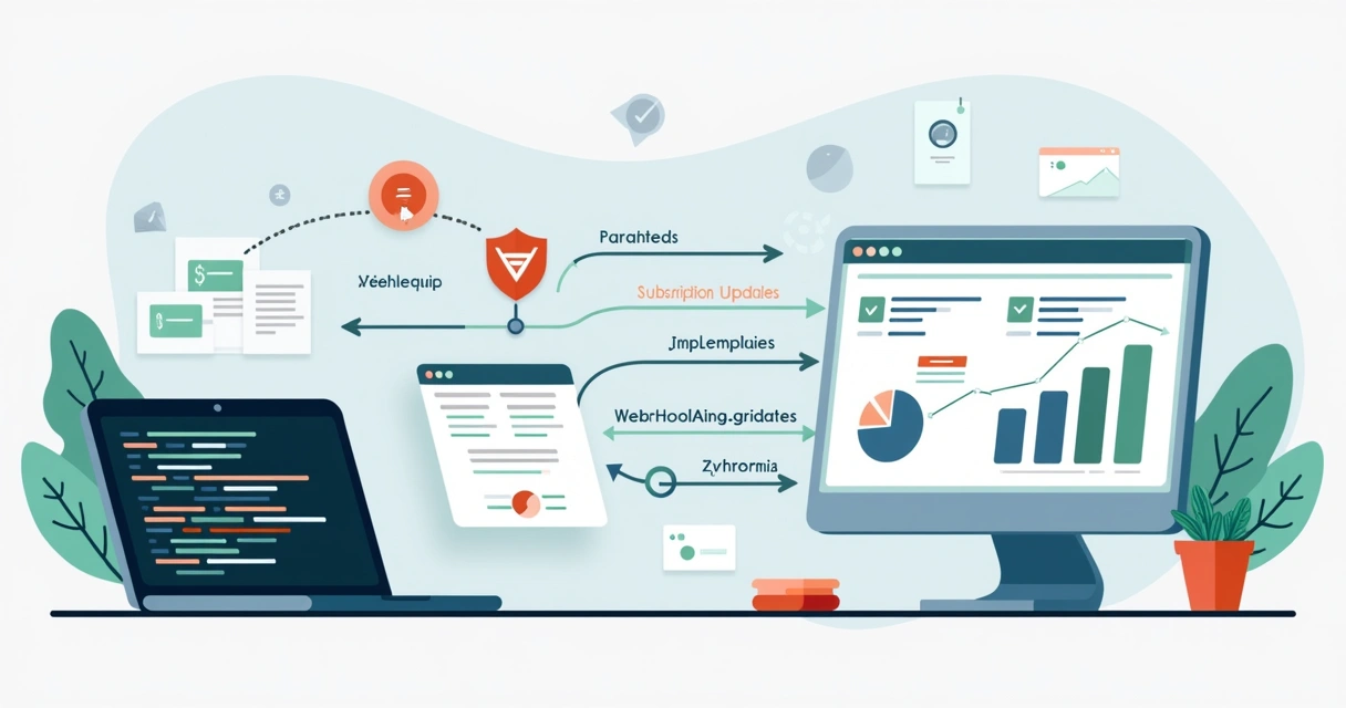 Ilustração flat corporativa mostrando o fluxo de integração entre Laravel e Hotmart com API, webhooks e dados de pagamento 