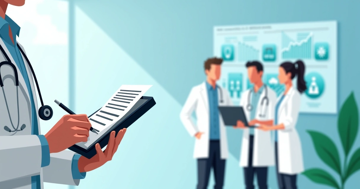 Médico assinando digitalmente laudo médico em tablet enquanto equipe observa painel de integração na parede 