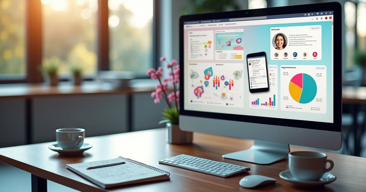 Computador com tela exibindo interface de integração de leads do Instagram em um CRM moderno 