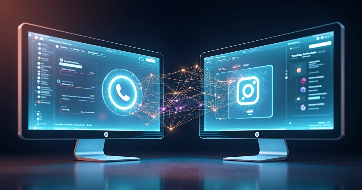 Conexão entre ícones de WhatsApp, Instagram e CRM com dados de clientes