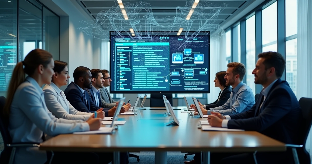 Equipe corporativa revisando dados em vários monitores e colaborando em mesa moderna 