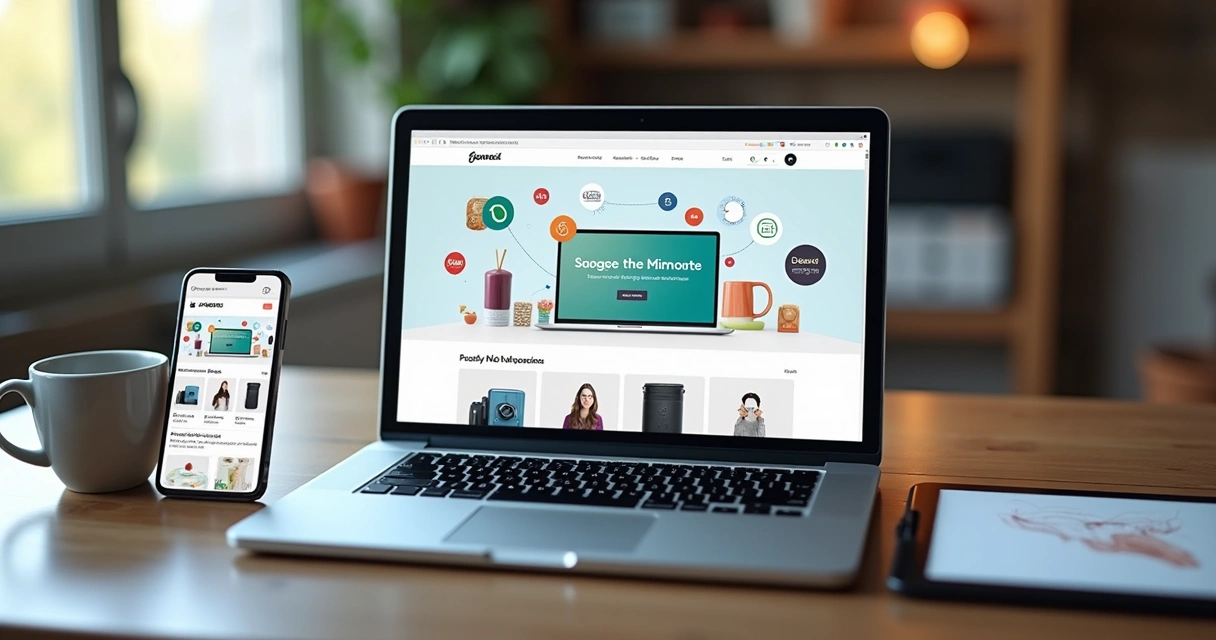 Loja virtual conectada a redes sociais, ícones e feed integrados