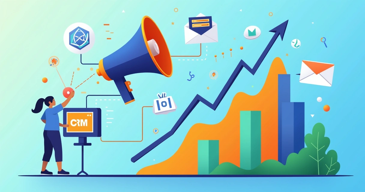 Gráfico integrando ícones de marketing digital, vendas e CRM de forma colorida.