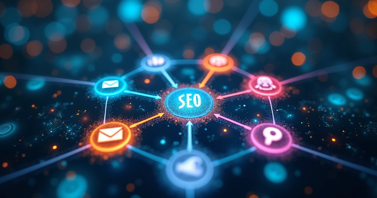 Representação visual de integração entre SEO, redes sociais e email marketing 