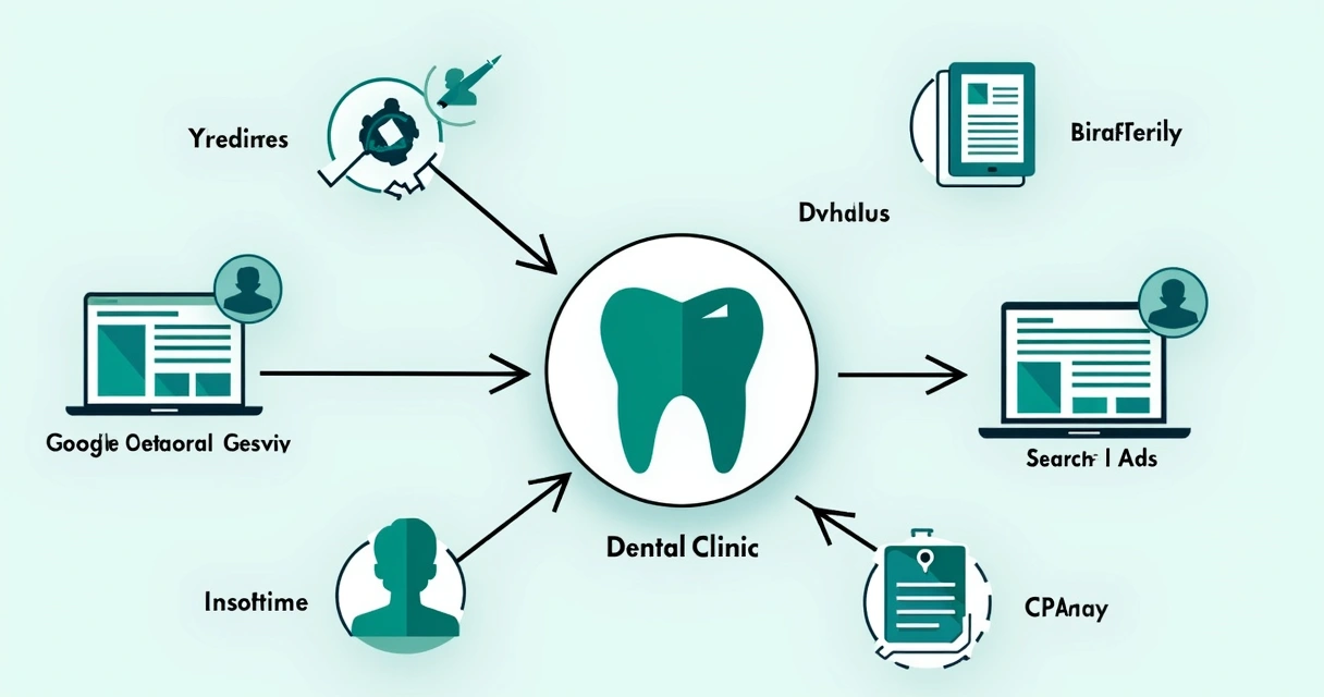Fluxograma mostrando integração entre Google Display, pesquisa e redes sociais para marketing odontológico 