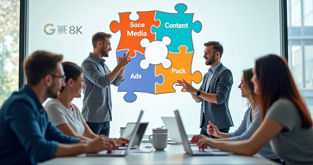 Equipe conectando estratégias de SEO, redes sociais e conteúdo