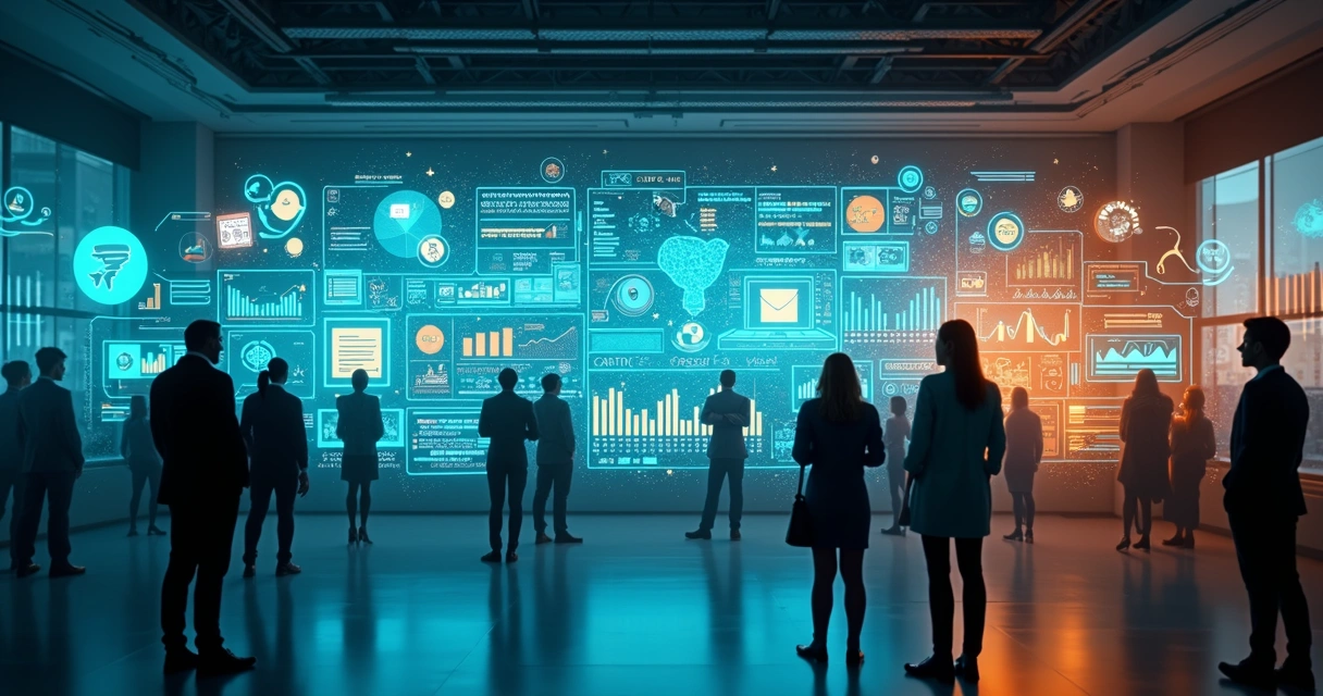 Painel digital mostrando integração entre marketing e vendas com gráficos de desempenho 
