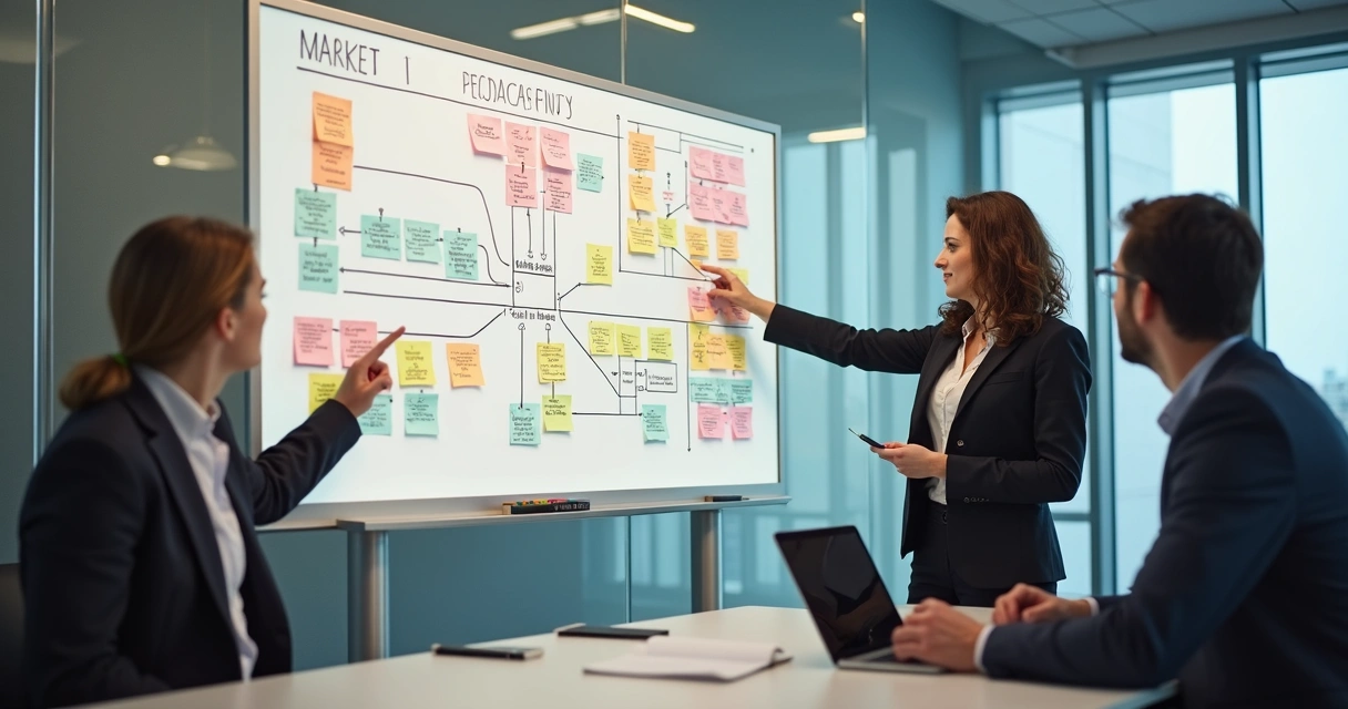 Grupos de marketing e vendas alinhando estratégias em quadro branco 