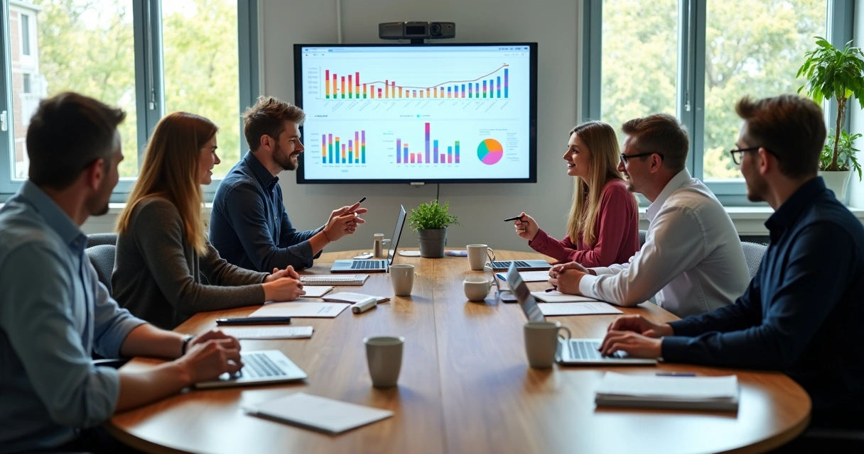 Equipe de marketing e vendas reunida ao redor de uma mesa analisando gráficos