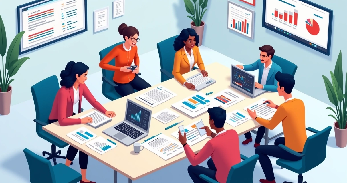 Equipe de marketing e vendas trabalhando juntos 