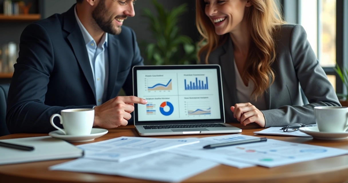 Dupla de profissionais de marketing e vendas analisando gráficos juntos 