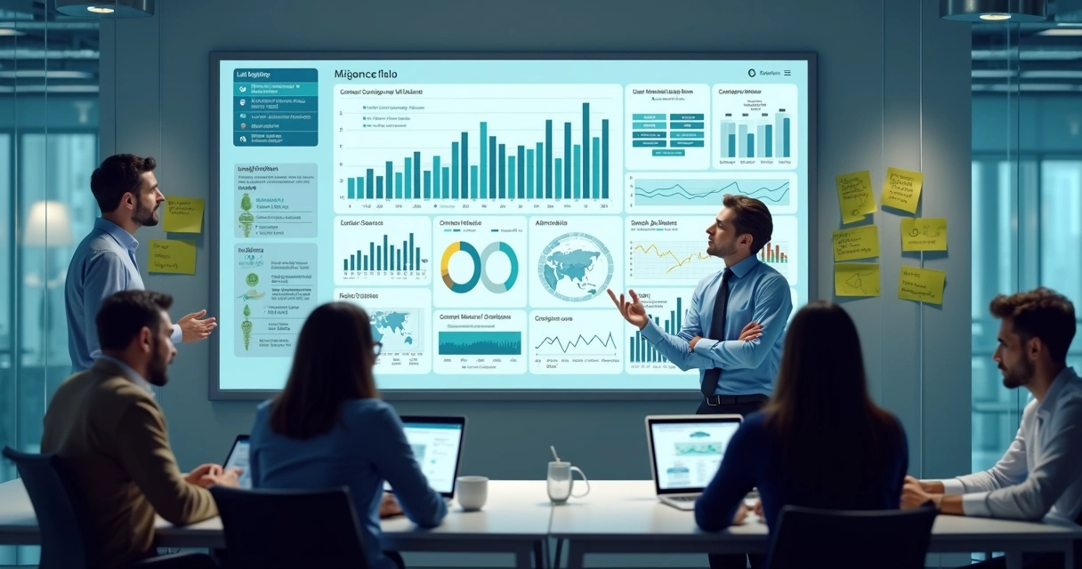 Times de marketing e vendas alinhando dados em painel digital 
