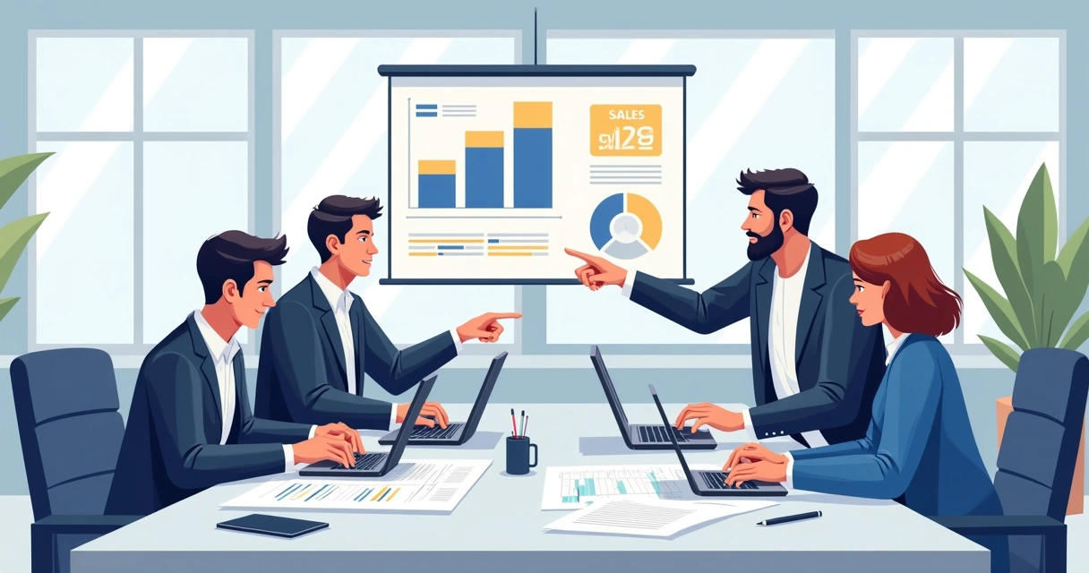 Equipe de marketing e vendas B2B reunida em mesa de planejamento 