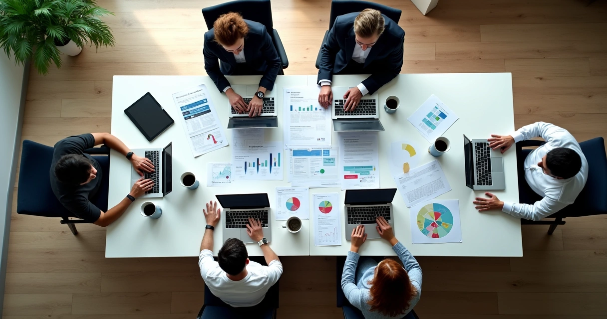 Reunião entre equipes de marketing e vendas em sala de reunião moderna 