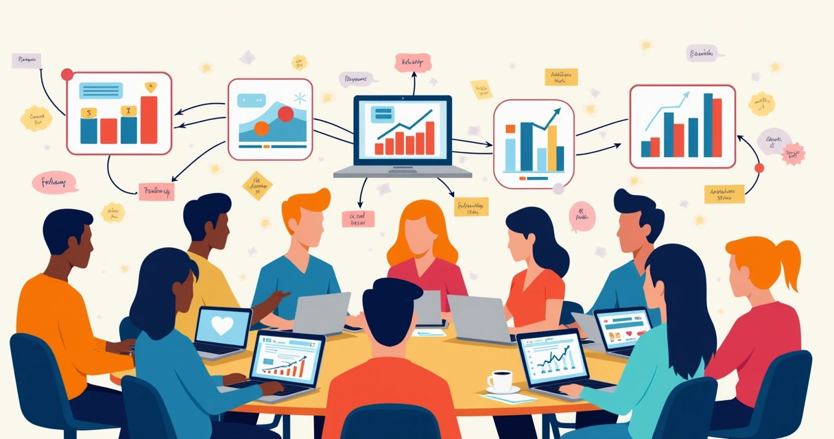 Equipe de vendas e marketing trocando ideias de forma colaborativa 