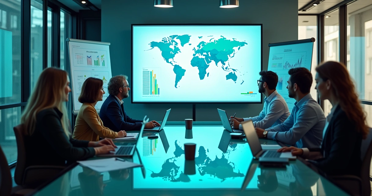 Profissionais de marketing e vendas analisando juntos relatórios e gráficos em mesa de reunião 