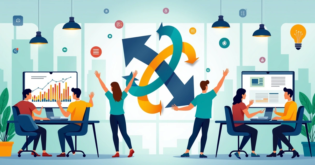 Ilustração de um espaço de escritório colaborativo com equipes de marketing e vendas trabalhando juntas.