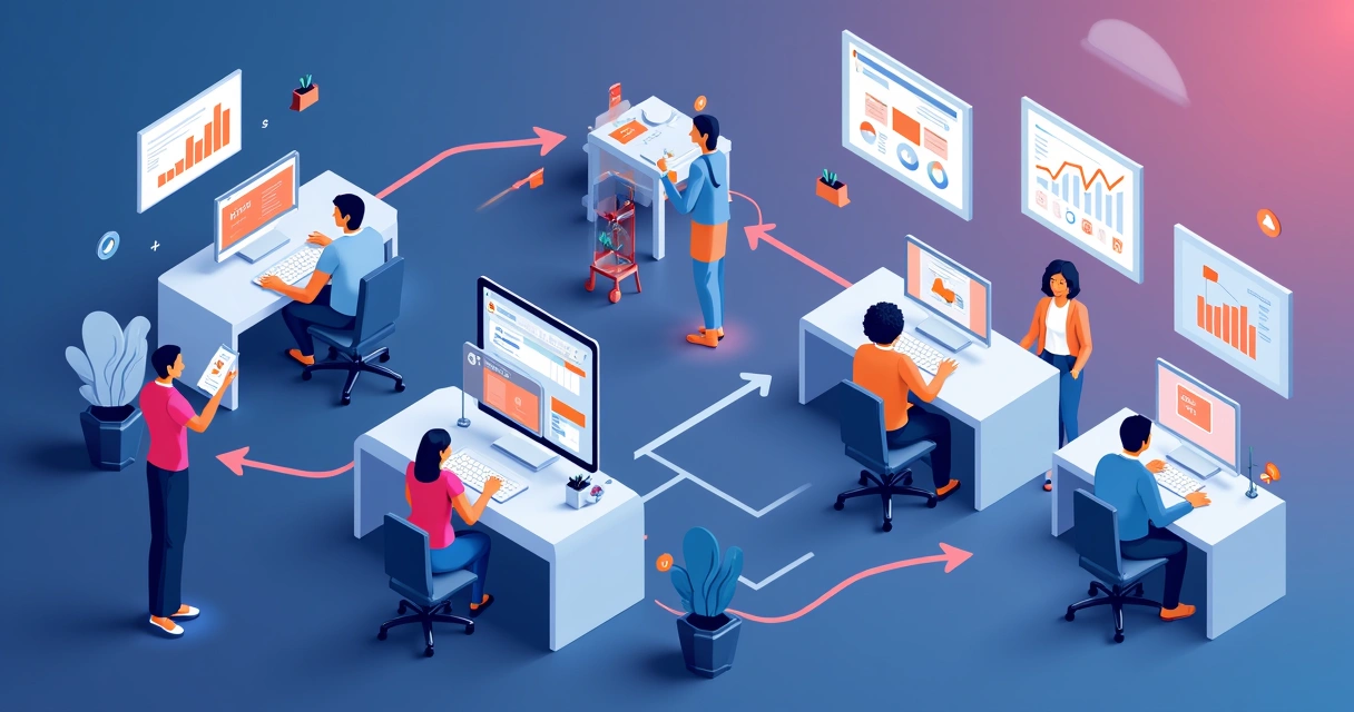 Fluxo visual de integração entre marketing e vendas, com setas e conexões 